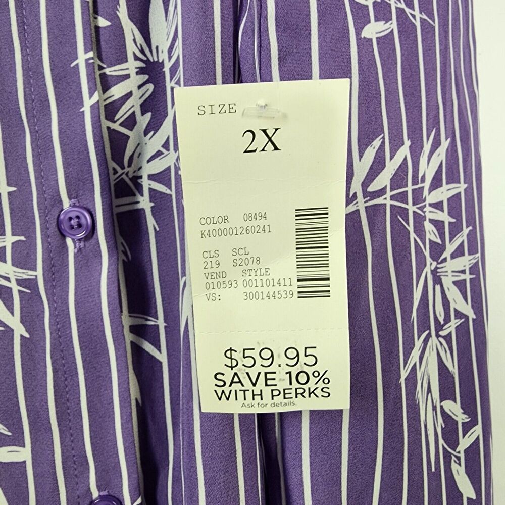 Catherines Womens Shirt Size 2X 22/24W Purple White Striped Floral Sheer Button - Picture 7 of 10